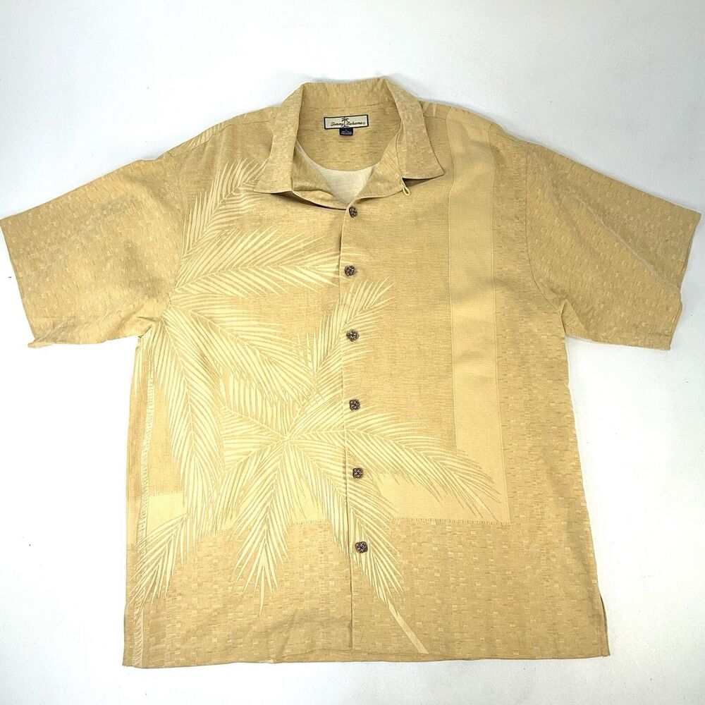 Tommy Bahama Button Down Mens L Yellow 100% Silk Palm Tree Hawaiian Shirt